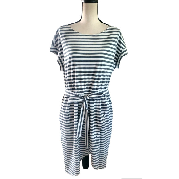 Merokeety Dresses & Skirts - Merokeety Gray & White Striped Tulip Hem Knee Length Faux Wrap Knit Dress XL